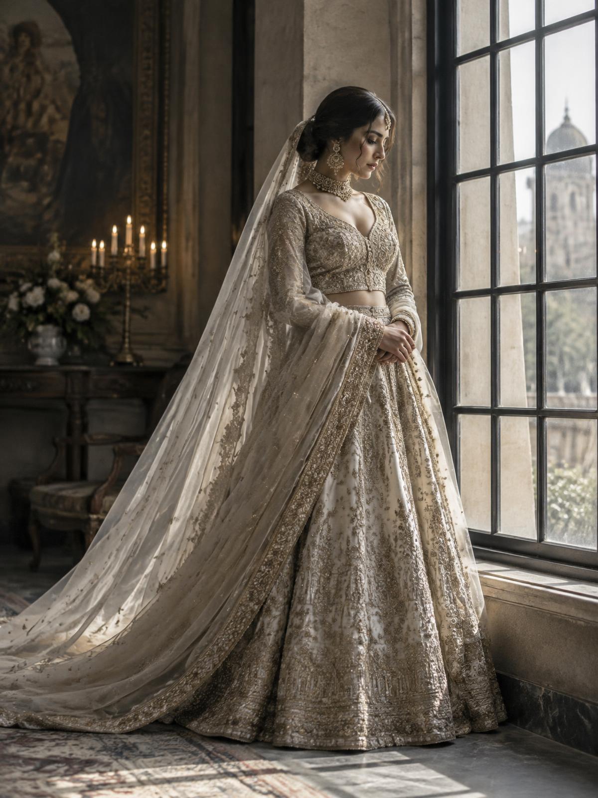 Bride in an editorial portrait beside a heritage window