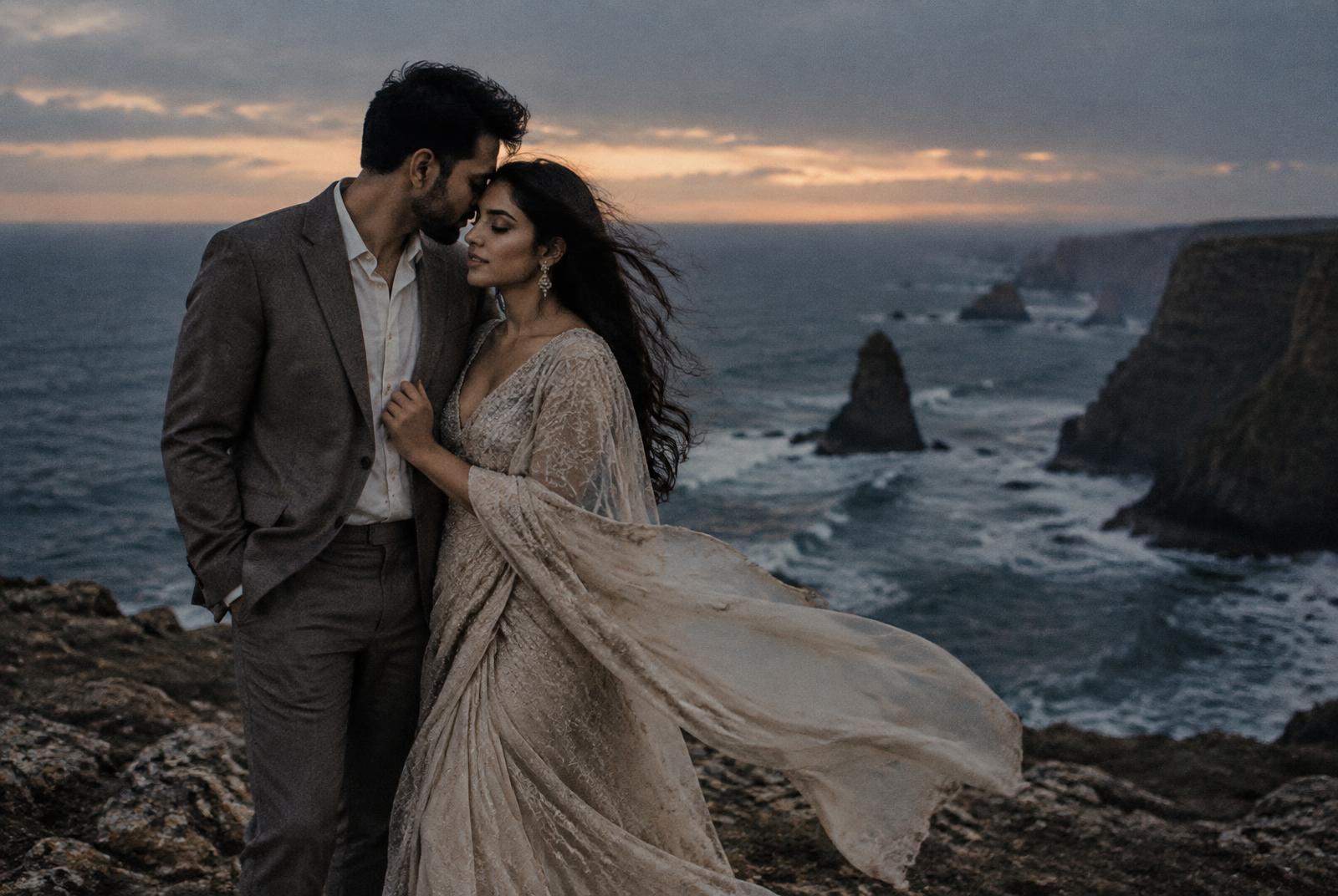 Couple embracing on a windswept coast at dusk