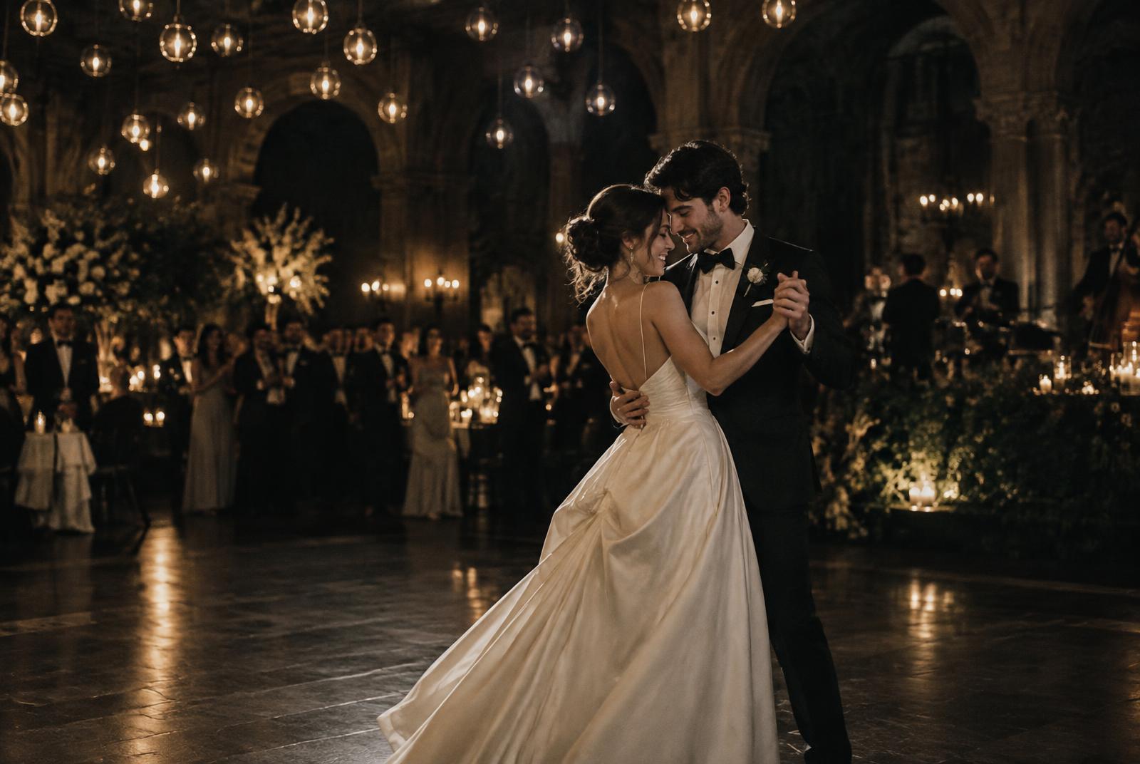 Newlyweds sharing their first dance in a candlelit hall