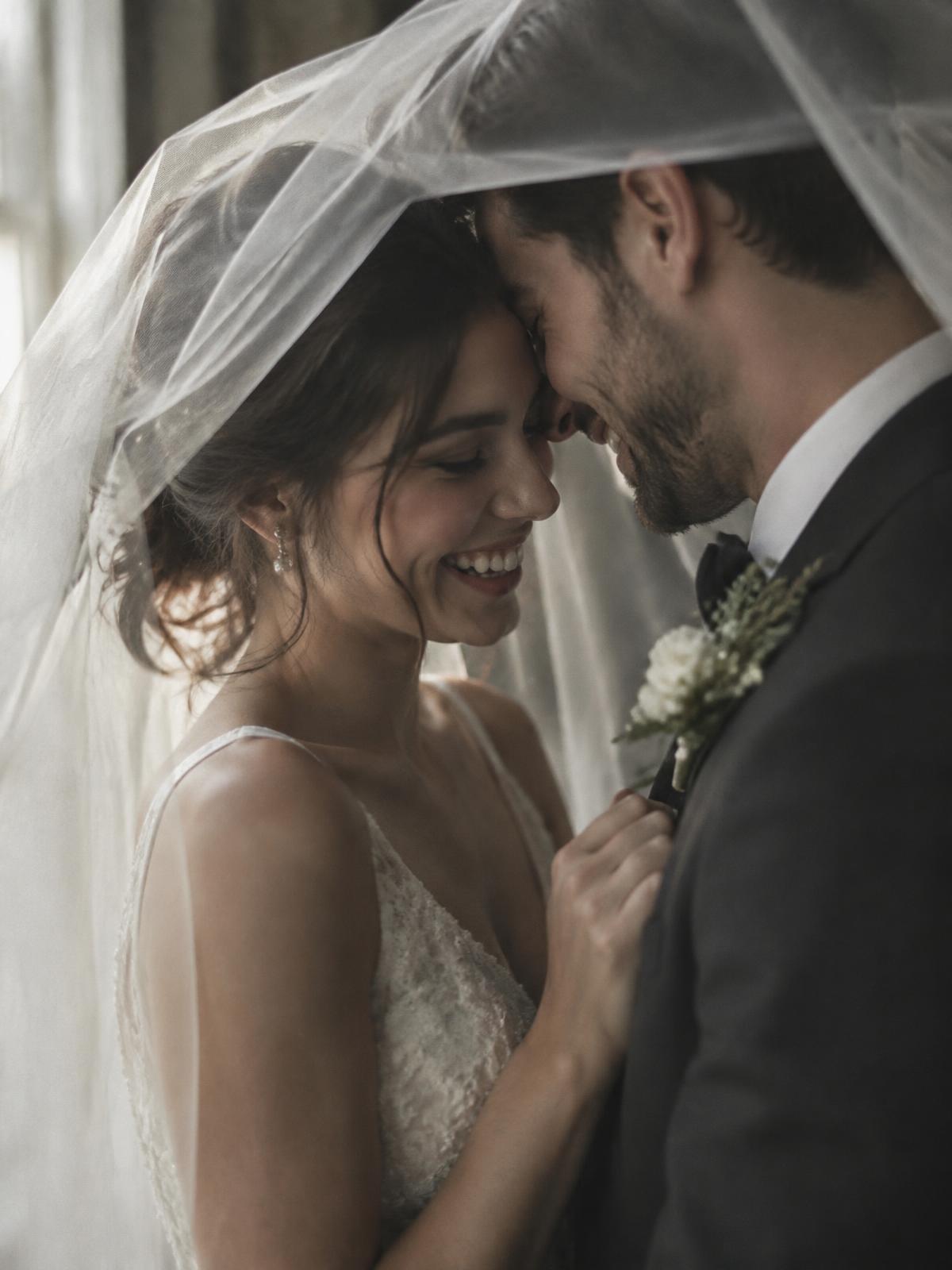 Newlyweds laughing together beneath a veil